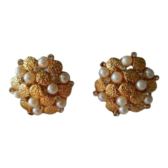 Metallic Faux Gold Cluster Paddle  Back Earrings Rhinestone Faux Pearls - Picture 1 of 4